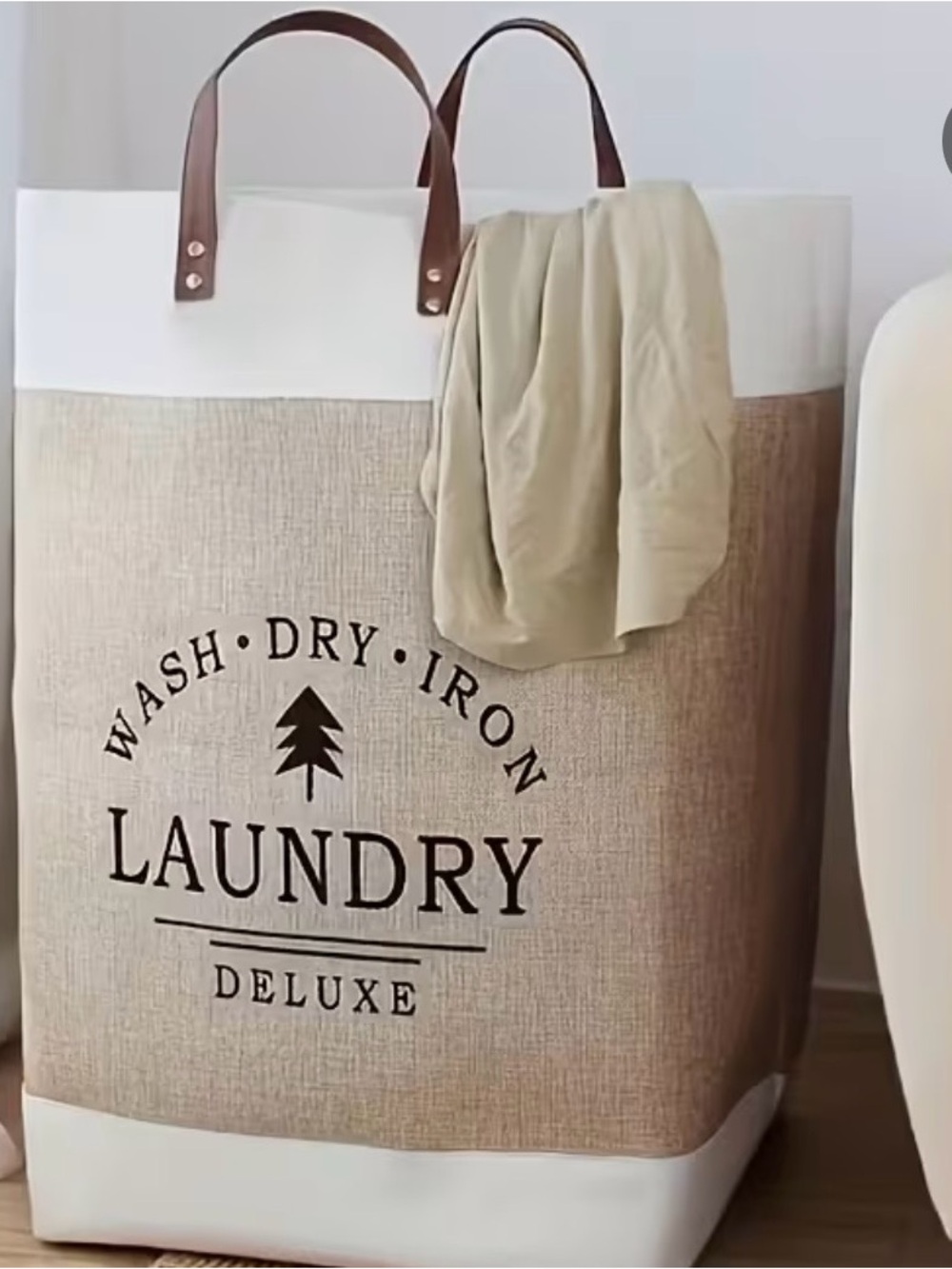 Laundry Deluxe Linen & White Laundry Hamper with Brown Handles